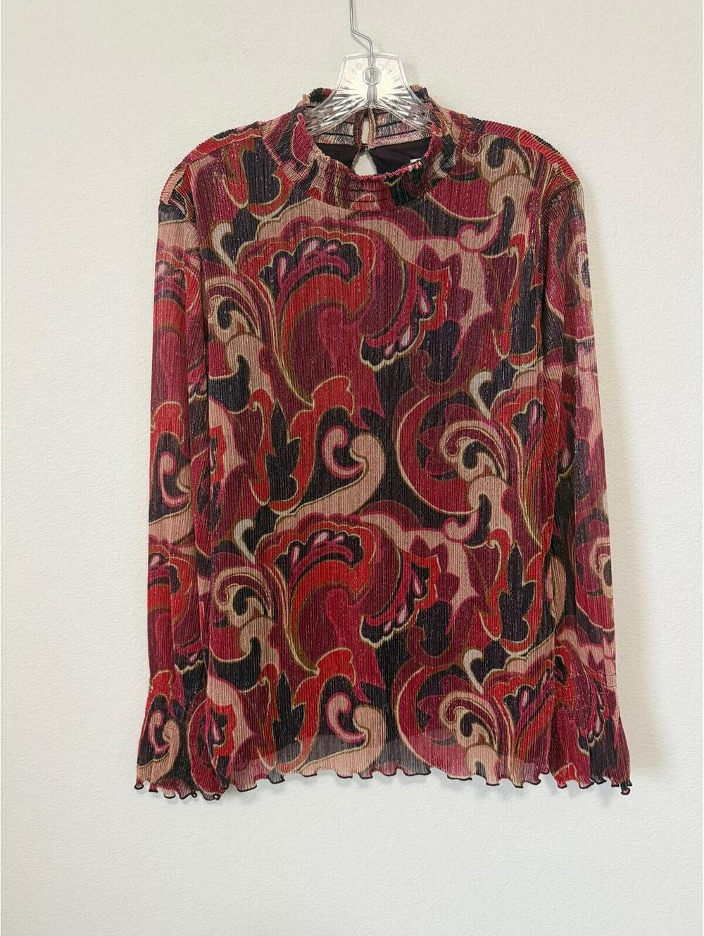 Chico's Shimmer Paisley Mock Neck Long Sleeve Crinkle Blouse Women's Size 3 (XL)